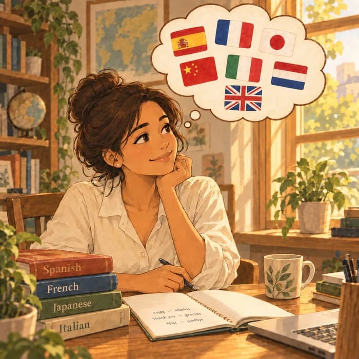 Een vrouw die studeert met taalvlaggen in een gedachtewolk.