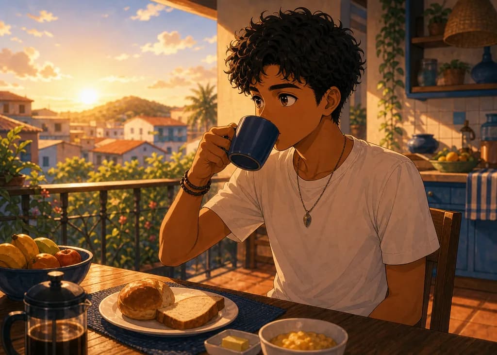 A man drinks coffee at a table with breakfast.
